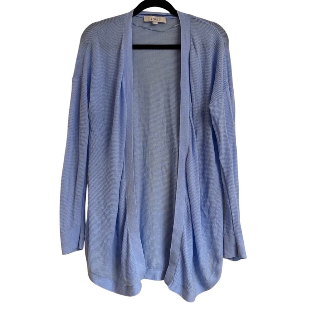 LOFT Cardigan Women M Blue Open Front Ribbed Knit Blue Lightweight Coastal Flowy